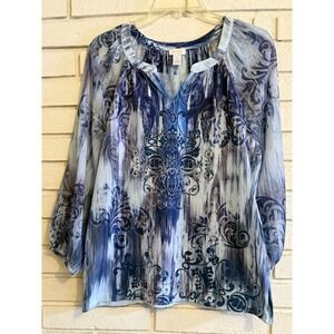 Chico's 1 Top  Sparkle V Neck Sheer Long Sleeves Colorful Blues Size Medium